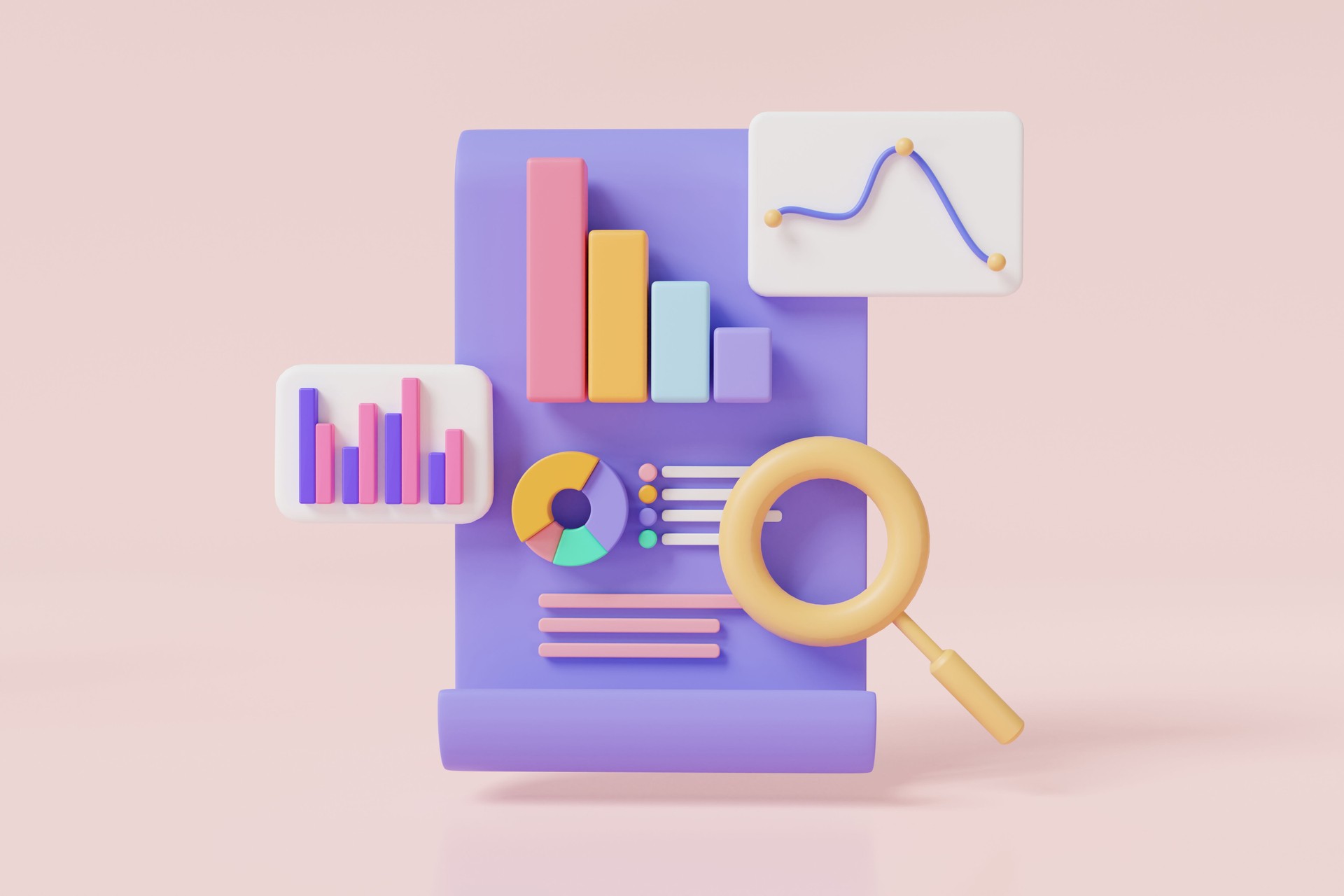 Illustration de rendu d’icône 3D de la liste de contrôle du presse-papiers avec grossissement et tableau de bord et graphique de rapport d’entreprise, audit financier de l’entreprise, rapport de recherche financière, optimisation du référencemen